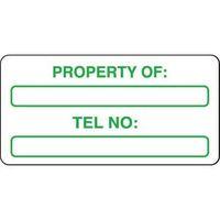 MATT VINYL LABEL ROLL OF 250 PROPERTY OF/TEL NO. 50 X 25MM