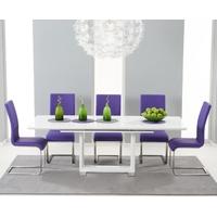 Mark Harris Beckley White High Gloss Dining Set with 6 Purple Malibu Dining Chairs