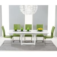 Mark Harris Beckley White High Gloss Dining Set with 6 Green Malibu Dining Chairs