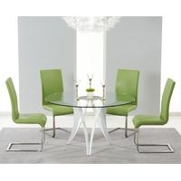 Mark Harris Bellevue White High Gloss Round Glass Top Dining Set with 4 Green Malibu Dining Chairs