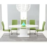 Mark Harris Seville White High Gloss Extending Dining Set with 6 Green Malibu Dining Chairs