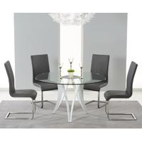 Mark Harris Bellevue White High Gloss Round Glass Top Dining Set with 4 Grey Malibu Dining Chairs