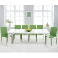 Mark Harris Ava White High Gloss 200cm Dining Set with 6 Stackable Green Dining Chairs