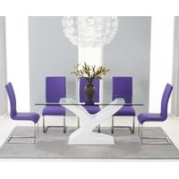 Mark Harris Natalie White High Gloss Glass Top Dining Set with 6 Purple Malibu Dining Chairs