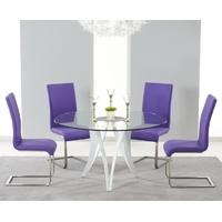 Mark Harris Bellevue White High Gloss Round Glass Top Dining Set with 4 Purple Malibu Dining Chairs