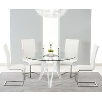Mark Harris Bellevue White High Gloss Round Glass Top Dining Set with 4 White Malibu Dining Chairs