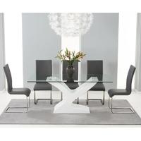 Mark Harris Natalie White High Gloss Glass Top Dining Set with 6 Grey Malibu Dining Chairs