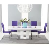 Mark Harris Rossini White High Gloss Extending Dining Set with 6 Purple Malibu Dining Chairs