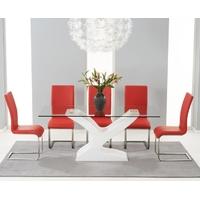 Mark Harris Natalie White High Gloss Glass Top Dining Set with 6 Red Malibu Dining Chairs