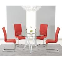 Mark Harris Bellevue White High Gloss Round Glass Top Dining Set with 4 Red Malibu Dining Chairs