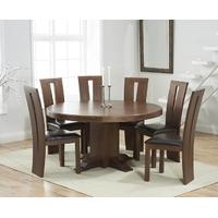 Mark Harris Turin Solid Dark Oak 150cm Round Pedestal Dining Set with 6 Arizon Brown Dining Chairs