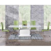 Mark Harris Hayden White High Gloss 160cm Extending Dining Set with 6 Green Malibu Dining Chairs