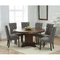 Mark Harris Turin Solid Dark Oak 150cm Round Pedestal Dining Set with 6 Albury Grey Dining Chairs