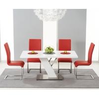 Mark Harris Portland White High Gloss 160cm Dining Set with 4 Red Malibu Dining Chairs