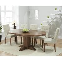 Mark Harris Turin Solid Dark Oak Round Extending Dining Set with 6 Pailin Beige Dining Chairs