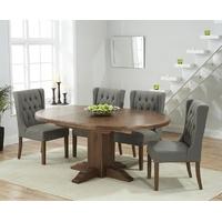 Mark Harris Turin Solid Dark Oak Round Extending Dining Set with 6 Stefini Grey Dining Chairs