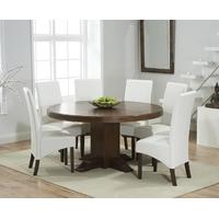 Mark Harris Turin Solid Dark Oak 150cm Round Pedestal Dining Set with 6 WNG Ivory Dining Chairs