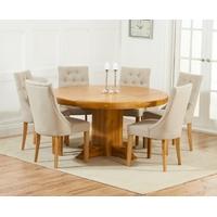 mark harris turin solid oak 150cm round dining set with 6 pailin beige ...