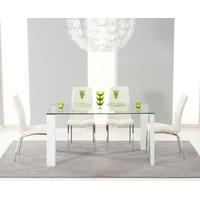 Mark Harris Lourdes Glass and White Gloss 150cm Dining Table with 4 Carsen Ivory Dining Chairs