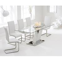 Mark Harris Lamont 140cm Glass Extending Dining Set with 6 Malibu White Dining Chairs