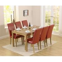 mark harris promo solid oak 150cm dining set with 6 atlanta red faux l ...