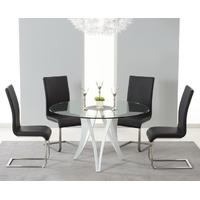 Mark Harris Bellevue White High Gloss Round Glass Top Dining Set with 4 Black Malibu Dining Chairs