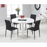 Mark Harris Ava White High Gloss 120cm Round Dining Set with 4 Stackable Black Dining Chairs