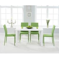 Mark Harris Ava Matt White 120cm Dining Set with 4 Stackable Green Dining Chairs