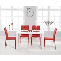 mark harris ava matt white 120cm dining set with 4 stackable red dinin ...