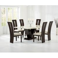 Mark Harris Valencie Cream and Brown Constituted Marble Dining Set with 6 Dining Chairs
