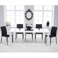 Mark Harris Ava White High Gloss 180cm Dining Set with 6 Stackable Black Dining Chairs