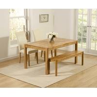Mark Harris Promo Solid Oak 150cm Dining Set with 2 Atlanta Cream Faux Leather Dining Chairs and Bench