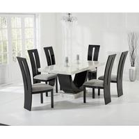 Mark Harris Rivilino Cream and Black Constituted Marble Dining Set with 6 Valencie Black Dining Chairs