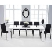 mark harris ava white high gloss 200cm dining set with 6 stackable bla ...