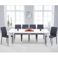 Mark Harris Ava White High Gloss 200cm Dining Set with 6 Stackable Grey Dining Chairs