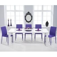 Mark Harris Ava White High Gloss 180cm Dining Set with 6 Stackable Purple Dining Chairs