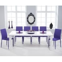 Mark Harris Ava White High Gloss 200cm Dining Set with 6 Stackable Purple Dining Chairs