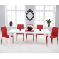 Mark Harris Ava White High Gloss 180cm Dining Set with 6 Stackable Red Dining Chairs