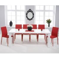 Mark Harris Ava White High Gloss 200cm Dining Set with 6 Stackable Red Dining Chairs