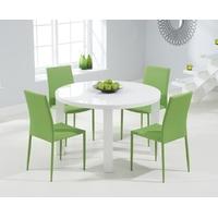 Mark Harris Ava White High Gloss 120cm Round Dining Set with 4 Stackable Green Dining Chairs
