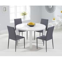 Mark Harris Ava White High Gloss 120cm Round Dining Set with 4 Stackable Grey Dining Chairs