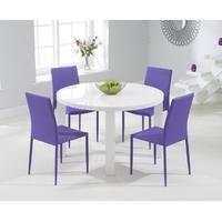 Mark Harris Ava White High Gloss 120cm Round Dining Set with 4 Stackable Purple Dining Chairs