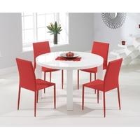 Mark Harris Ava White High Gloss 120cm Round Dining Set with 4 Stackable Red Dining Chairs