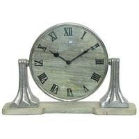 mango wood round table clock on nickel stand