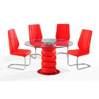 Maza Clear Glass Top Red Dining Table And 4 Dining Chairs