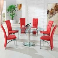 Maxi Round Dining Set In Clear Glass And 6 Ravenna Red Chairs