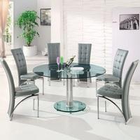 maxi round dining set in clear glass and 6 ravenna grey chairs