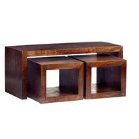 mango wood john long coffee table with 2 cube stools