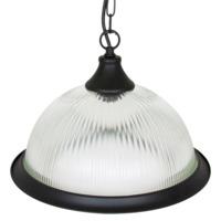 Matt Black American Diner Pendant Light with Clear Ribbed Glass Dome