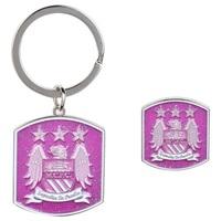 Manchester City Pink Glitter Bagde and Keyring Set